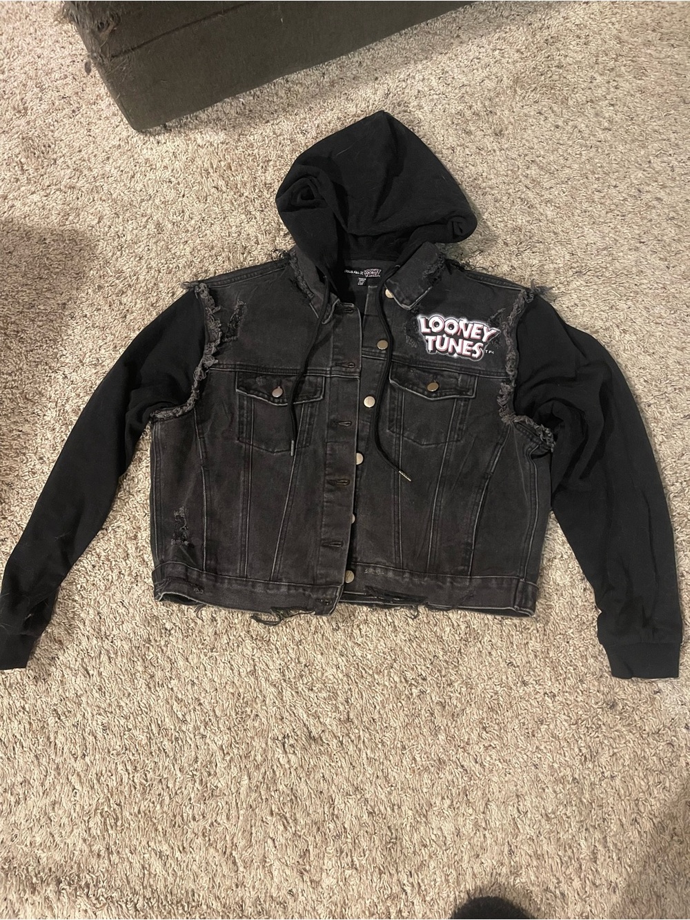 Dolls Kill Black Distressed Denim Jean Jacket with Hoodie Looney Tunes Patch.